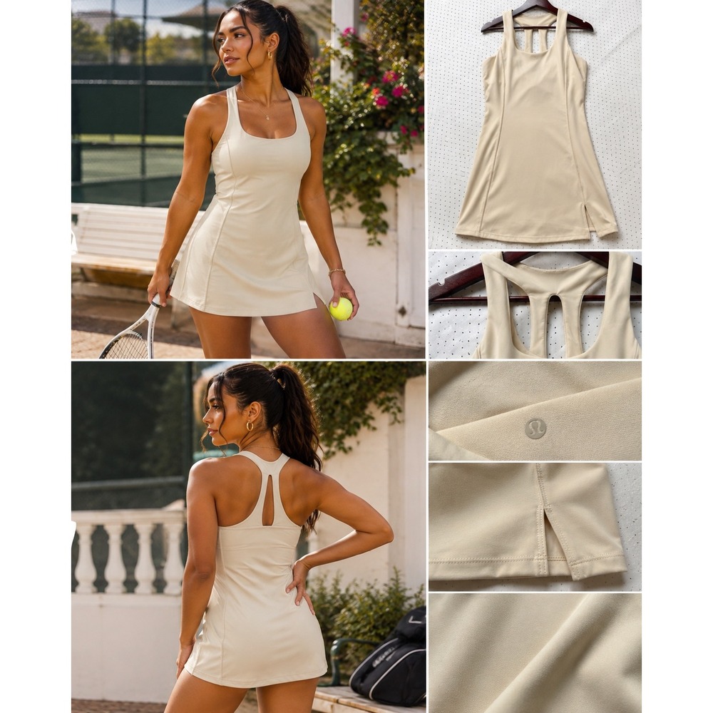 Cream Athletic Dress Womens Sleeveless Racerback Square Neck Tennis medium